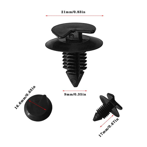 50 Pack Tough As Nails Plastic Auto Trim Door Clips For Vehicle Panels With Secure 9mm Hole Lock Universal Snap Fasteners For Jeeps And Old Beaters Keeping Your Dash Boards Nice And Squat, showing black nylon trim clip dimensions.