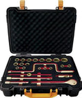 24 Piece Non Sparking CuBe Socket Wrench Set One Half Inch Drive Includes One Quarter To One And A Quarter Inch Twelve Point Sockets Spark Free Heavy Duty Tools For Safe Auto Repair And Mechanical Work in open case