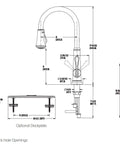 Technical diagram of Ashfield 1-Handle Pull-Down Kitchen Faucet With Soap Dispenser, Brushed Nickel, ADA Accessible, High-Arc Spray Head