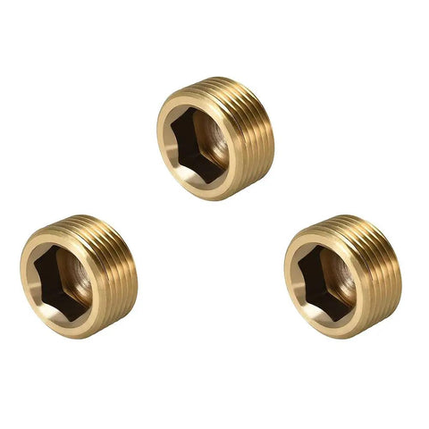 Half Inch NPT Brass Pipe Plug Fitting With Internal Hex Head Counter Sunk Thread Style Male Pipe Plugs Pack Of 3