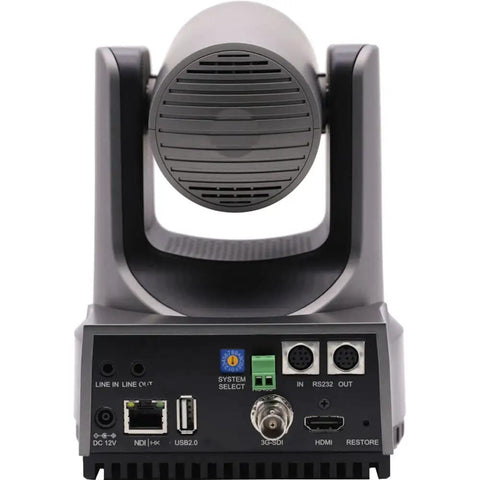 Back view of a 4K PTZ camera showing connections and ports from the Five Pack 4K PTZ Camera Bundle Featuring 20x Optical Zoom Smart Auto Tracking And One Precision Joystick Controller Dead Simple Setup For Live Studios And Broadcast Rigs.