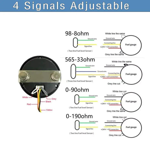 Universal 52mm Fuel Level Gauge With 2 Inch LED Display, 12V And 24V Ready, Compatible With 0 To 190 Ohm, 98 To 8 Ohm, 565 To 33 Ohm, Or 0 To 90 Ohm Senders, Anti Vibration Needle For Stable, Accurate Fuel Readings Across Cars And Rigs. Wiring diagram with rear view and four sender options.