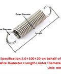 Close-up of stainless steel spring with labeled dimensions for 100 Piece Stainless Steel Extension And Compression Spring Kit With Hooks For Home Repairs.