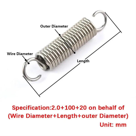 Close-up of stainless steel spring with labeled dimensions for 100 Piece Stainless Steel Extension And Compression Spring Kit With Hooks For Home Repairs.