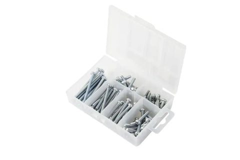 Knockout 120 Piece Electrician Screw Kit Featuring 8-32 Round Phillips Head Machine Screws In Six Assorted Lengths in clear plastic case.