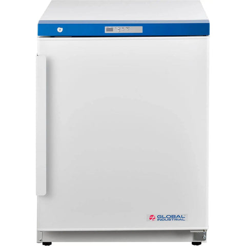 Hella Reliable Undercounter Lab Freezer With 3.2 Cubic Foot Smooth Operator Design, front view with blue top and LED display.