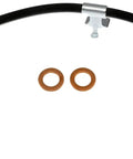 Front view of Front Passenger Side Brake Hydraulic Hose For Chevy And GMC Models Gearhead Ready Precise Fit Replacement Part With Easy Install High Quality Materials Reliable Braking Performance Model H98922 with two copper washers.