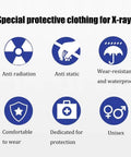 Special protective clothing for X-rays icons showing anti-radiation, antistatic, waterproof, unisex, comfort, and protection.