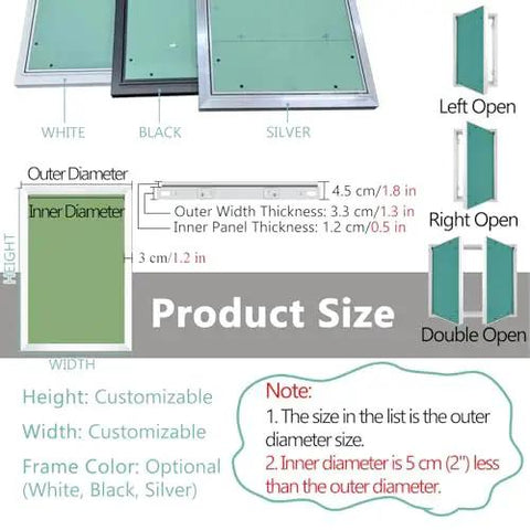 No Sweat Bifold Magnetic Access Panel Door For Drywall With Pre Drilled Mounting Fits Like A Glove For Plumbing And Wiring Quick Snap Shut Design Built Tough To Guard Wall Openings In Standard 38 By 76 Inches product dimensions with outer and inner diameter specifications.