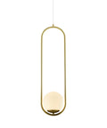 Integrated LED Pendant Light In Antique Brass With White Glass Shade, oval frame, height adjustable, sloped ceiling compatible.