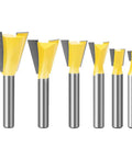 Premier Heavy Duty Dovetail Router Bit Set Six Piece Collection With One Quarter Inch Shank equipped with carbide blades for woodworking.