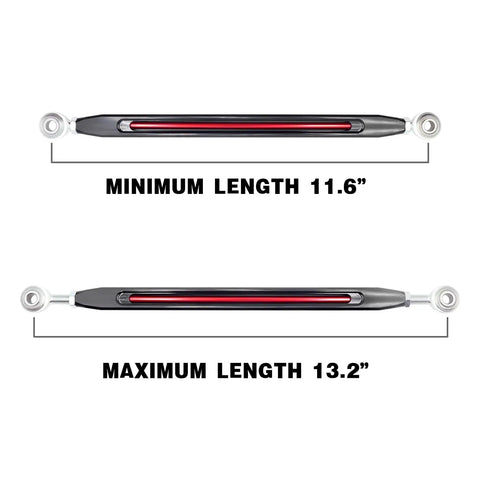 Two Tone Black And Red Anodized Shifter Linkage For Harley 86 Up FL Softail And Touring Adjustable From 11.6 To 13.2 Inches With Two Five Sixteenth Inch Heim Joints Compatible With 86 Up Softail And Touring. minimum and maximum length shown