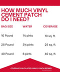 Coverage chart for vinyl cement patch, detailing water amount and area coverage for 10, 25, and 40 pound bags.