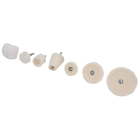Chic 7-Piece Polishing Wheel Kit With Cotton Flannel Buffing Drill Attachments For Car Waxing And Metal Shining Easy To Use Multi-Shaped Set showcasing 7 cotton flannel wheels.