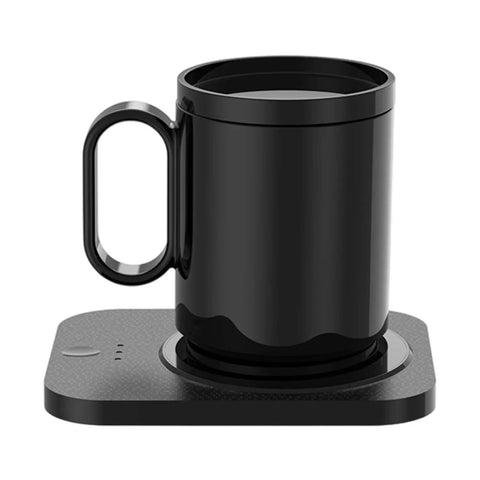 Digital Display Coffee Mug Warmer With Adjustable Temp Control And Fast Heating Pad keeping coffee warm in a black mug on heating pad.