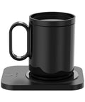 Keep Your Brew Dialed All Day With This 43 Ounce Electric Heating Mug Featuring Smart Three Level Temp Control Super Long Battery Ceramic Bottom Plate And Desk Warmer Made For The Daily Office Grind, black ceramic mug on heating base.