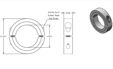 Front and isometric views of a carbon steel double-split shaft collar with two set screws and Allen wrench included.