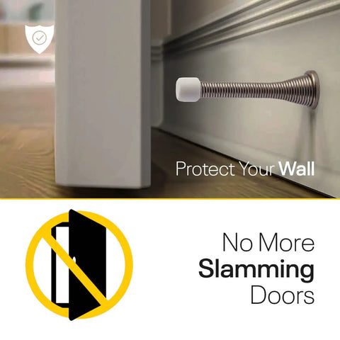 Spring Door Stopper With Rubber Tip 3-1/4 Inch Pack Of 4 Wall Mounted Door Stop Cushion installed on wall protecting door