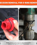 Oil seal puller and O-ring removal tool: left close-up red plastic remover, right hook tool installed on shaft.