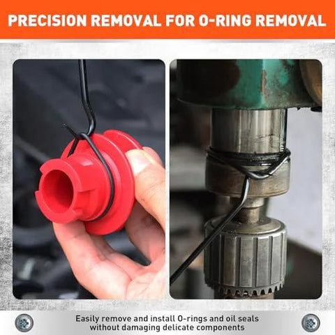 Oil seal puller and O-ring removal tool: left close-up red plastic remover, right hook tool installed on shaft.