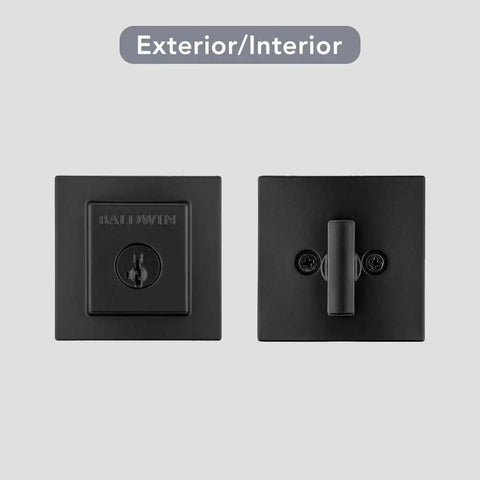 Front Door Deadbolt With SmartKey Rekey Technology And Microban Protection In Matte Black, exterior and interior view.