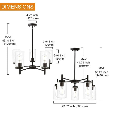 Dimensions of Contemporary 5-Light Large Chandelier In Oil Rubbed Bronze With Clear Glass Shades, Dimmable And Height Adjustable