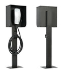 All Weather EV Charger Pedestal With Roof And Side Protection Built To Last Indoor Outdoor Charging Stand, front and rear view.