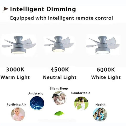 Ceiling Fan with Light 6 Speeds Control Modern for Living Room Bedroom 36W showcasing dimming options in three light temperatures.