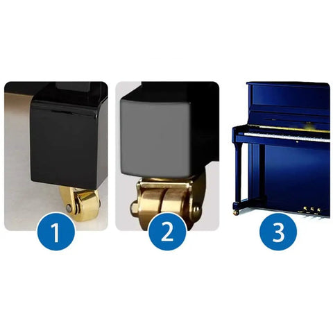 Premium Top Shelf Universal Piano Casters Featuring Silky Smooth Silent Rolling Wheels With Reinforced Steel Screw Mount Designed For Upright Pianos And Home Furniture, detailed view of caster wheels.