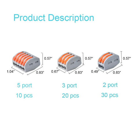 Pro Grade Lever Wire Connectors Kit With Push In Design For Quick Connect 28-12 AWG 2 Port 3 Port 5 Port Electrical Connector Assortment Set Copper Conductors Built To Last, showing 5-port, 3-port, and 2-port connectors with dimensions.