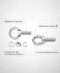 M3 Stainless Steel Eye Bolt Kit with nut and washers, labeled features, 304 stainless steel, metric threading, corrosion resistance