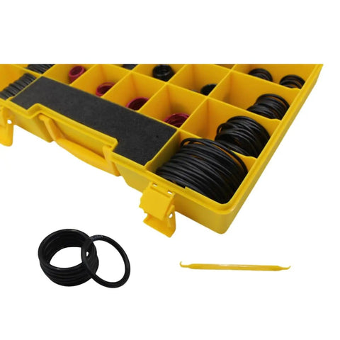 Open yellow case with 580Pcs Nitrile 90D O Ring Kit For CAT 2701528 And 4C4782 Replacement SAE ORFS Hydraulic Fittings