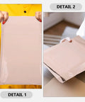 Khaki PE Mailers With Strong Glue And Easy Seal Waterproof Packaging Bags For Clothes And Cosmetics 100 Pack shown in hands