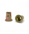 Heavy Duty Flat Head Threaded Insert Nut Zinc Plated Carbon Steel Hex Rivet With Knurled Body For Sheet Metal Steel And Aluminum strong fastener in profile view