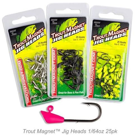 Gold One Sixty Fourth Ounce Shad Dart Jig Heads Twenty Five Pack With Lure Body Securing Barb For Balanced Jigs And Hooks Built For Serious Fishin Trout Crappie Bass Panfish In Freshwater And Saltwater - front view of three packaging boxes with pink jig head displayed.