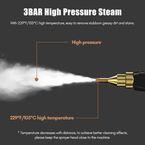 Portable Handheld Steam Cleaner Pressurized Steam Cleaning Machine Red High Temp 221F 3Bar steam nozzle emitting high pressure vapor.