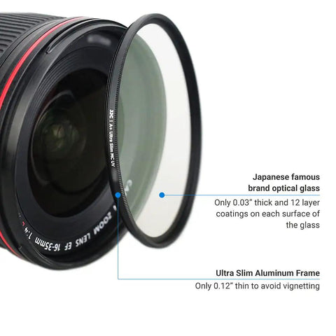 Close-up of 49mm UV Filter For Canon EOS R100 R50 R10 And RF-S 18-45mm Kit showing optical glass and slim aluminum frame