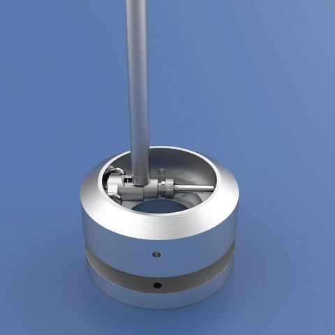 Top-view of HDLNKAK digital bore gauge set, 2–6 in range, metal cylindrical base with dial indicator and adjustable anvils