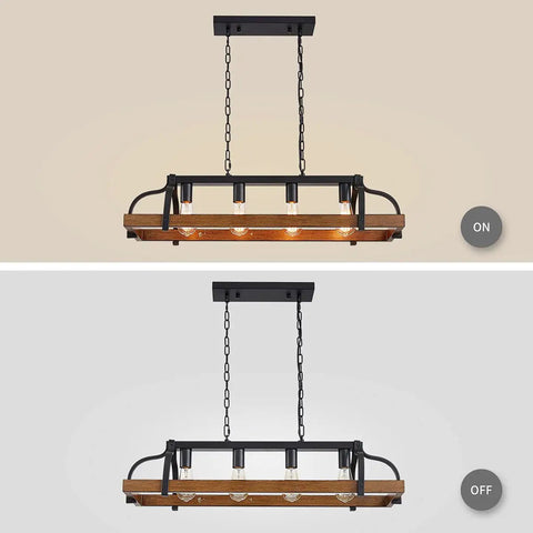Dope Four Light Metal Pot Rack Chandelier With Faux Wood Grain Finish, Linear Pendant Ceiling Light, E26 Base, Black, On and Off