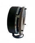 Servo motor assembly with holding brake; side view, black housing and brown mounting flange with attached wiring