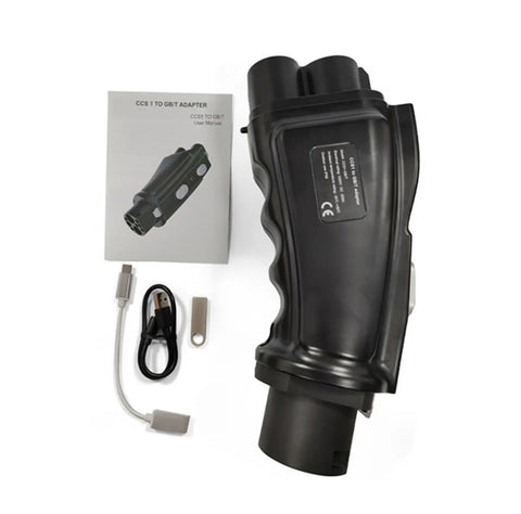 Road Trip Ready Slick CCS1 To GBT Adapter Delivering Hella Fast DC Charging Up To 250Kw And 1000V For Tesla And Byd Electric Vehicles, includes user manual.