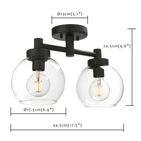 Two Light Globe Glass Ceiling Light Fixtures Semi Flush Mount, retro modern style, black finish, dimensions annotated.