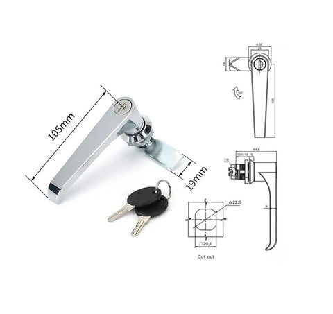 Two Pack Zinc Alloy Cabinet Locks With Keys Chrome Finish L Handle Style Heavy Duty Security Locks shown with dimensions and keys