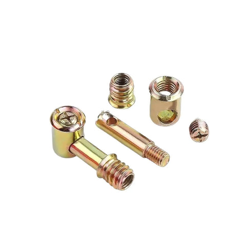 Lock It Down With These Heavy Duty Cam Lock Fittings Four In One Connectors Featuring Rust Resistant Eccentric Wheels And Rock Solid Nuts For Top Shelf Furniture Projects. Set of metal fasteners in gold finish.