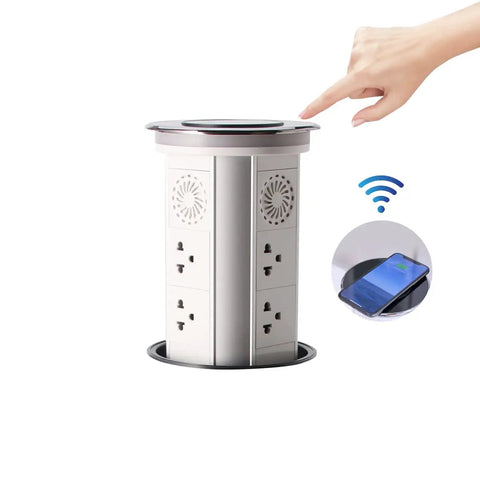 Total Game Changer Smart Motorized Pop-Up Power Station Featuring Six Ac Outlets, Four Usb Ports, Qi Wireless Charging Pad, Ip65 Waterproof Glass Top, Built In Speaker, And Adjustable Led Lamp For Your Sweet Home Office Setup with a hand operating the touch panel.