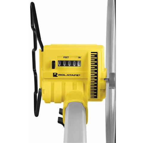 Rolatape RT312 12.5 Inch Aluminum Measuring Wheel Built To Last With Lightweight Durable Design For Landscaping And Construction, Ergonomic Pistol Grip, Yellow Great For Yards And Job Sites close-up of counter and wheel