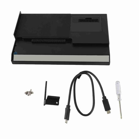 Next Level External GPU Dock Station USB4 40Gbps PCIe Enclosure with M2 slot and accessories on display.