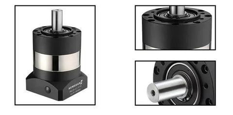 Kickass Heavy Duty Planetary Gearbox With Seamless Round Flange Design And Drop In Install For 110 To 180 Mm Servo Motors side view showcasing the steel input shaft.