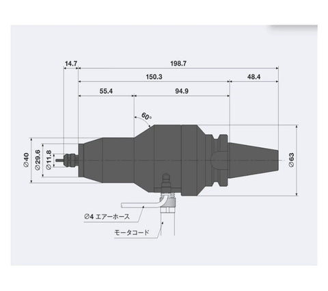 Technical drawing of High Output Brushless Spindle With BT30 Holder For CNC Machines, detailed dimensions and angles.