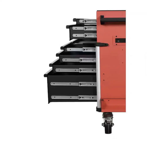 Side view of Shop Workhorse 10 Drawer Rolling Tool Chest Cabinet With Slick Roll Casters And 56 Inch Wide Steel Build showing drawers.